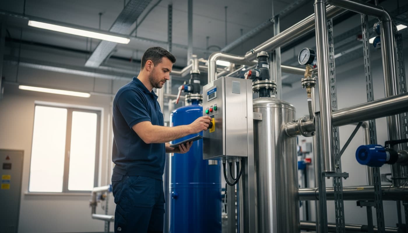 Sovereign Water engineer checking the control panel of a commercial water treatment plant
