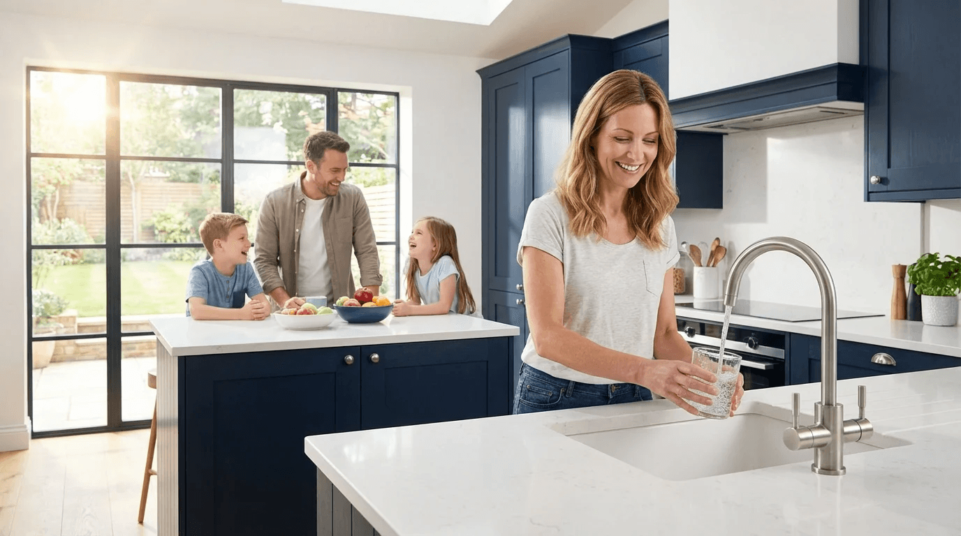 Family enjoying clean, treated water at home