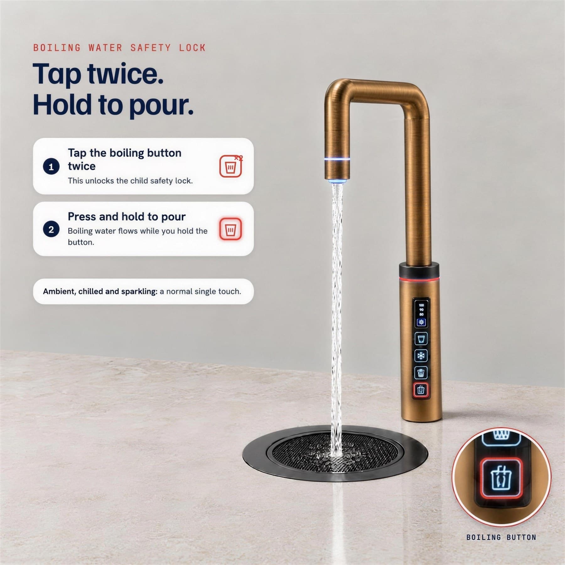 How the boiling safety lock works: tap the boiling button twice, then press and hold to pour
