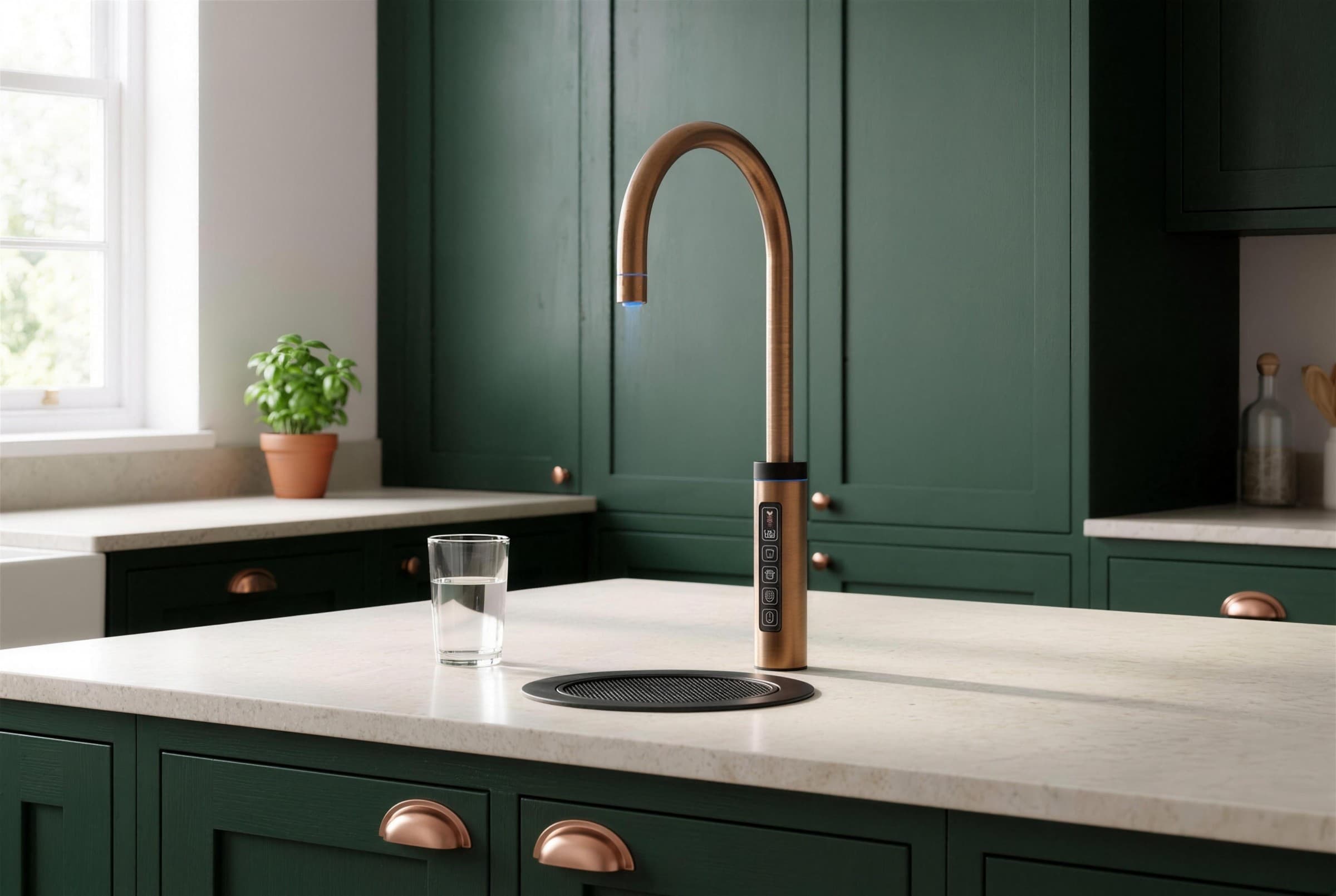 Brushed copper boiling water tap with a round drip tray in a green shaker kitchen