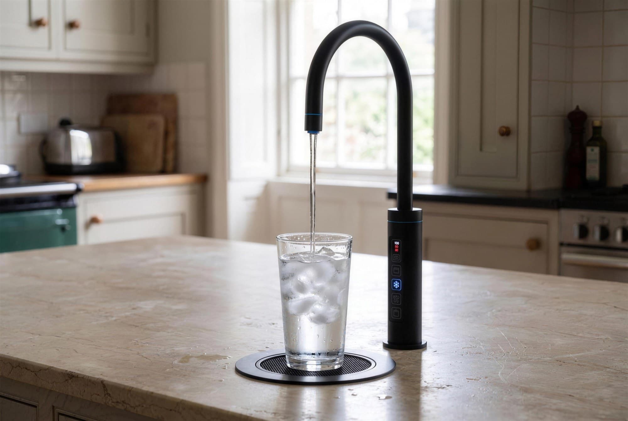 C1 smart tap in matt black on an island worktop