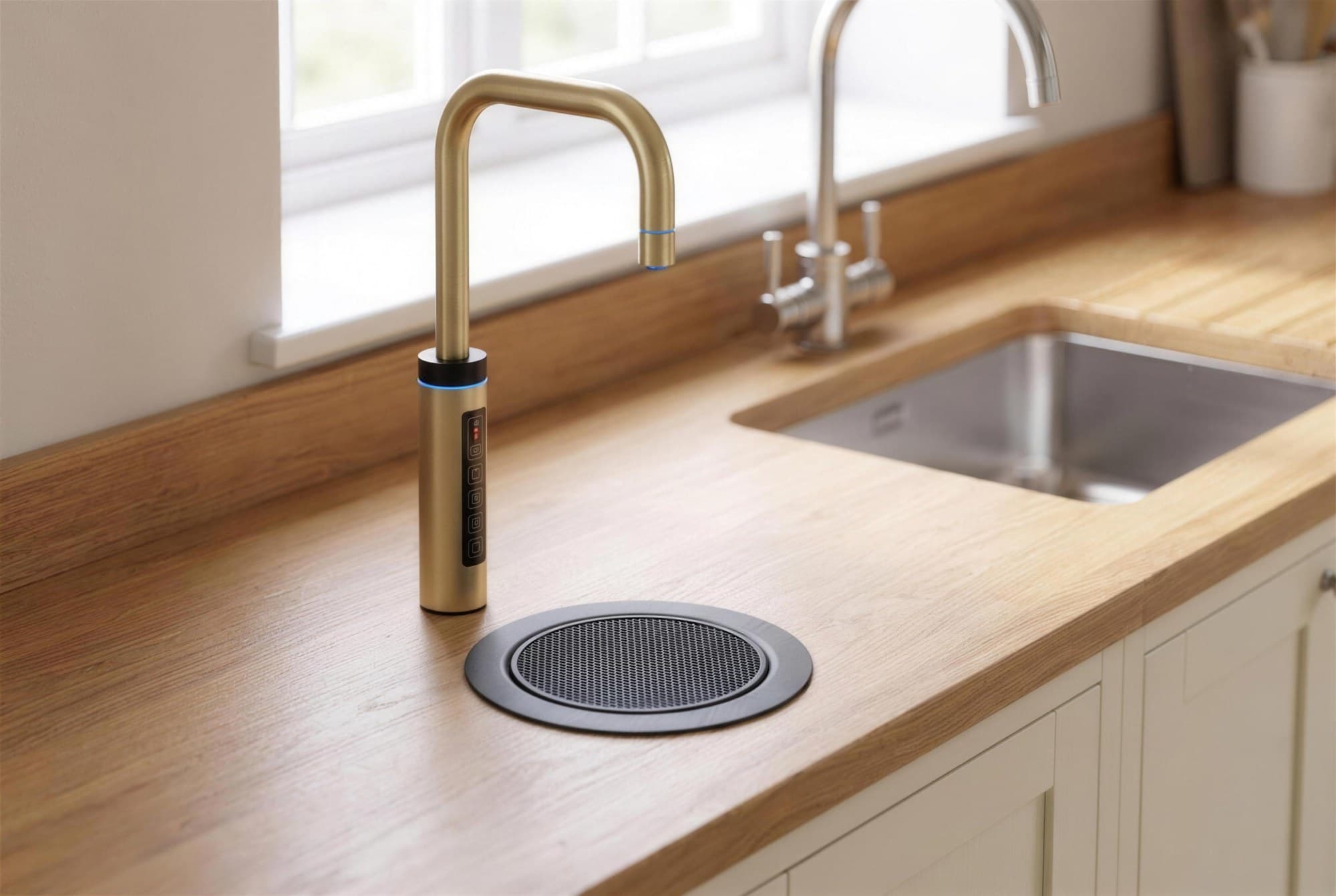 S1 smart tap in gold on a timber worktop