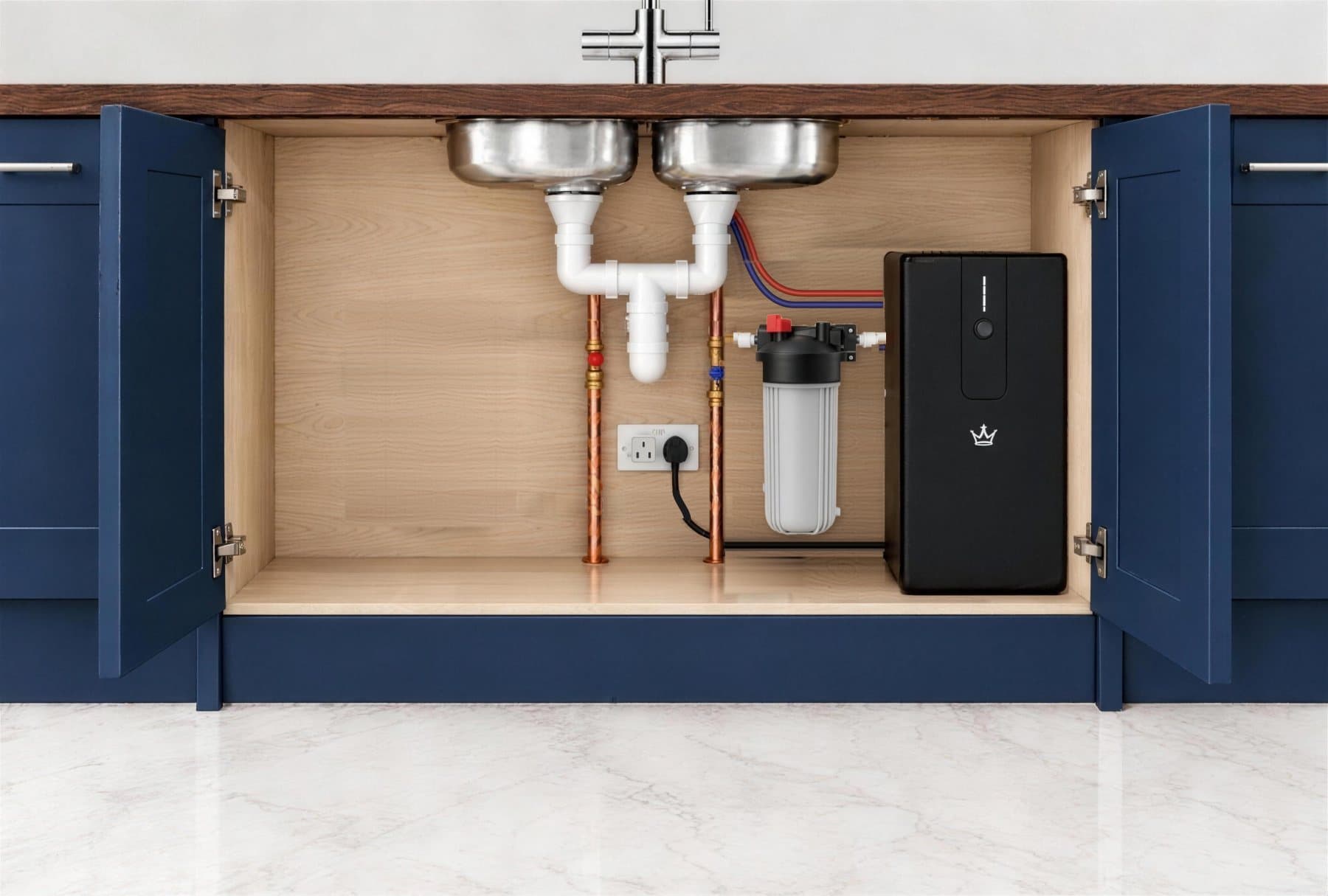 RoyalFlow Home Basic+: base unit with a sediment pre-filter fitted under a sink