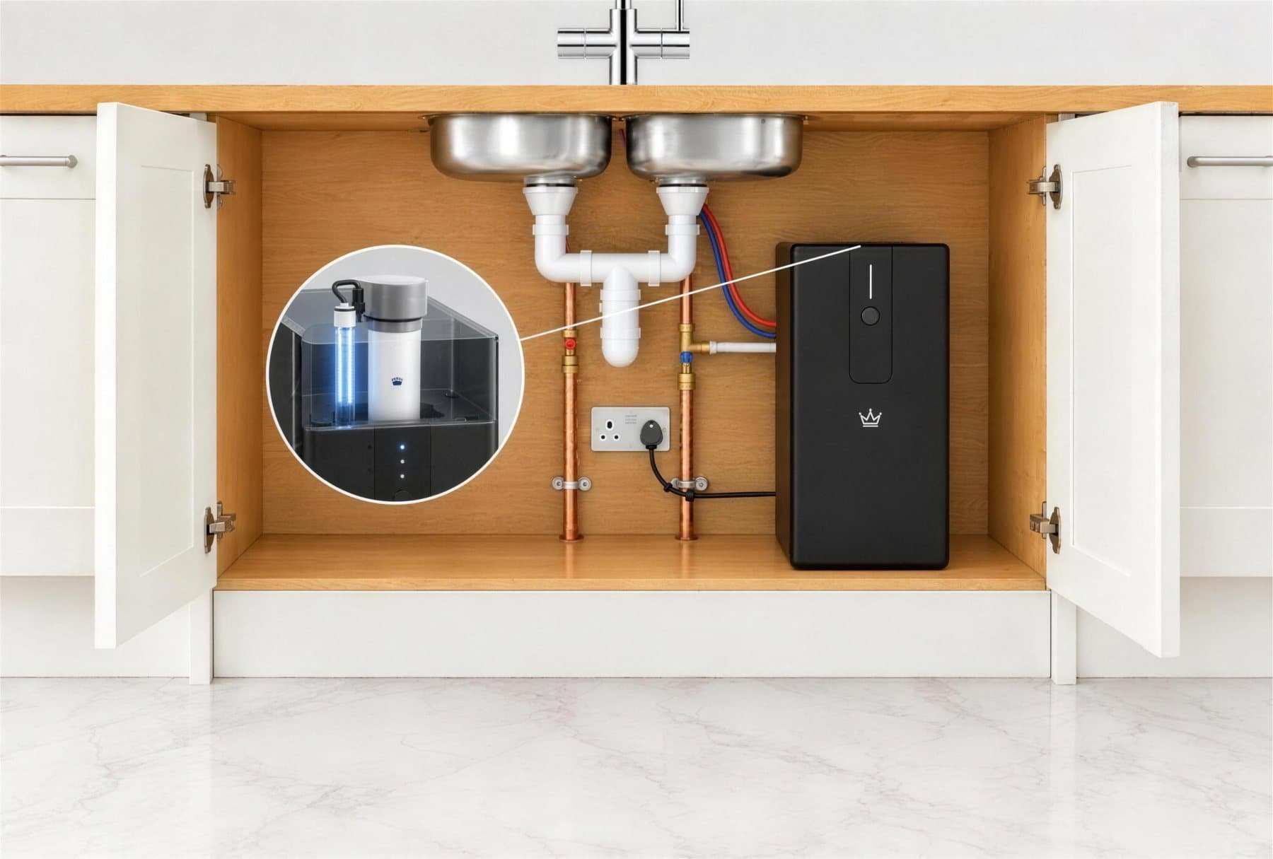 RoyalFlow Home Basic: the base unit under a kitchen sink with built-in carbon filtration and UV