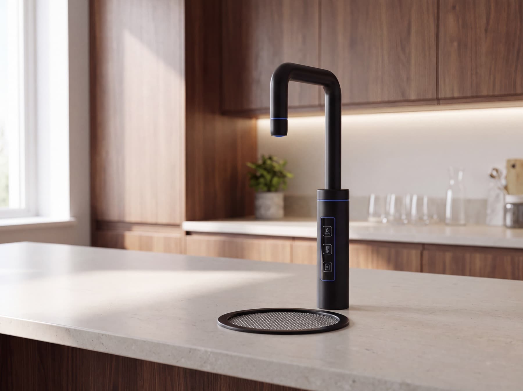 Boiling water tap installed on a stone worktop at an office tea point