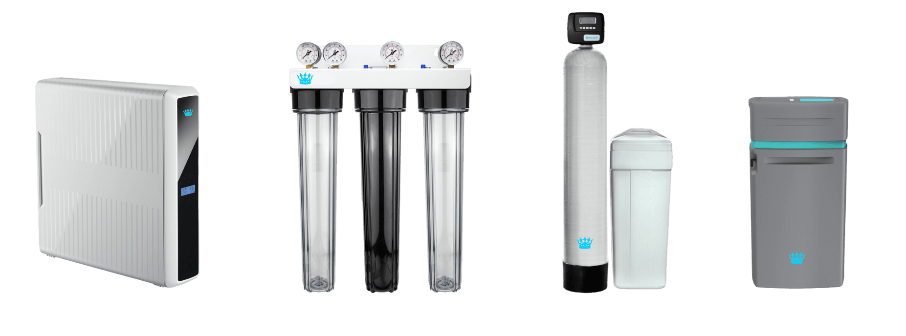 Four Sovereign Water treatment units: a white reverse osmosis unit, a triple filter housing rig, a softener vessel with brine tank and a grey cabinet softener