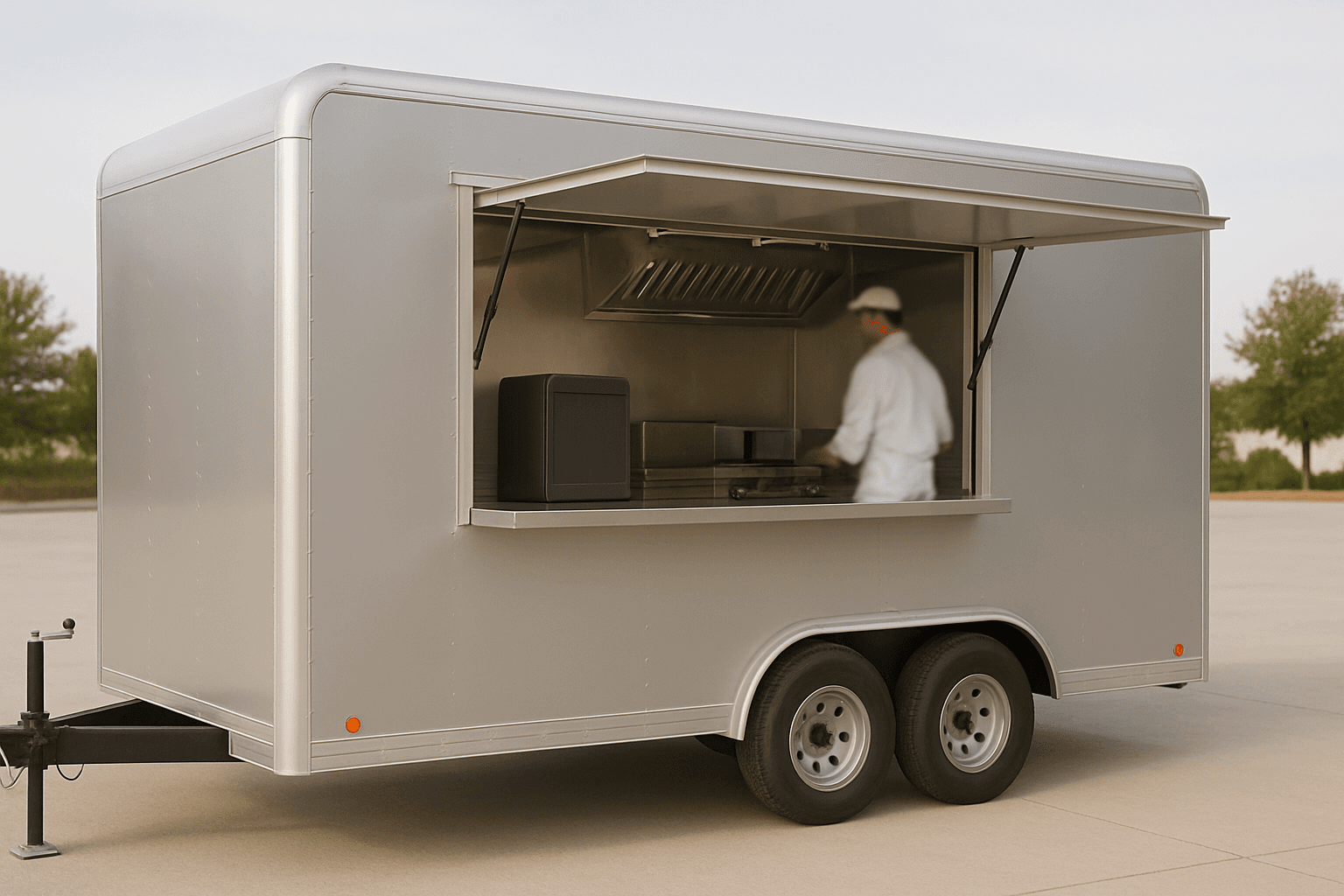 Silver food trailer with its serving hatch open and a chef working inside