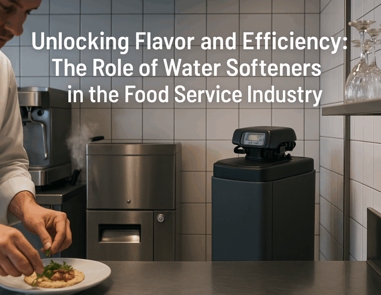 A commercial kitchen featuring a chef plating food beside a Regal water softener, espresso machine, and sparkling glassware. The scene highlights the importance of water softeners in food service efficiency and hygiene.