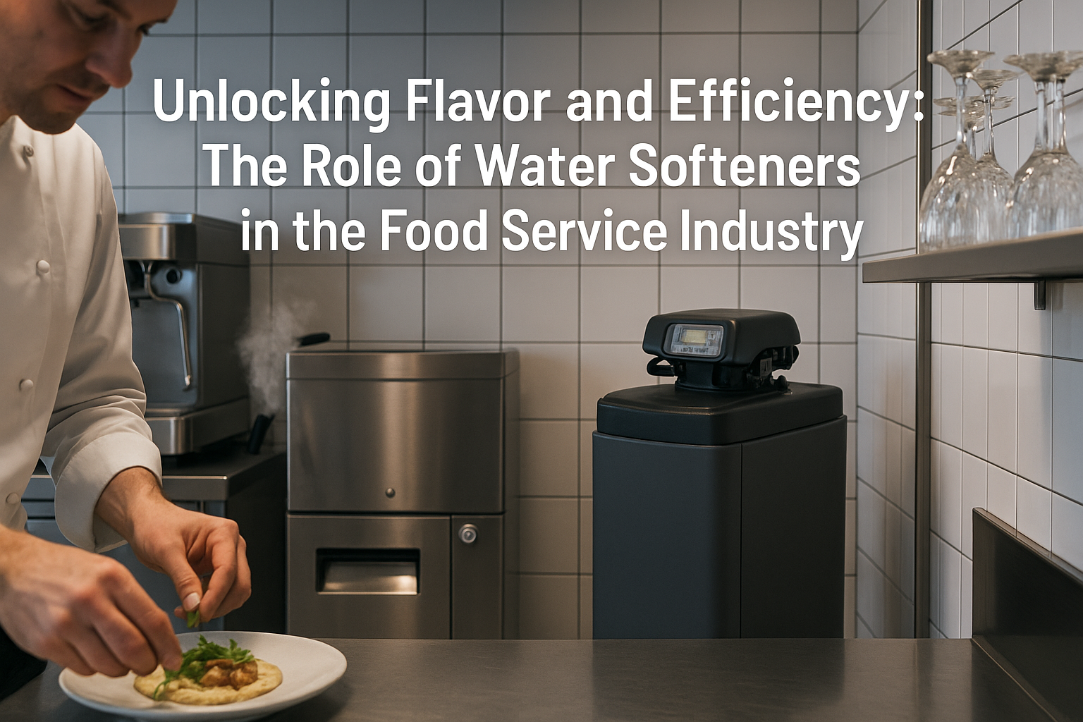A commercial kitchen featuring a chef plating food beside a Regal water softener, espresso machine, and sparkling glassware. The scene highlights the importance of water softeners in food service efficiency and hygiene.