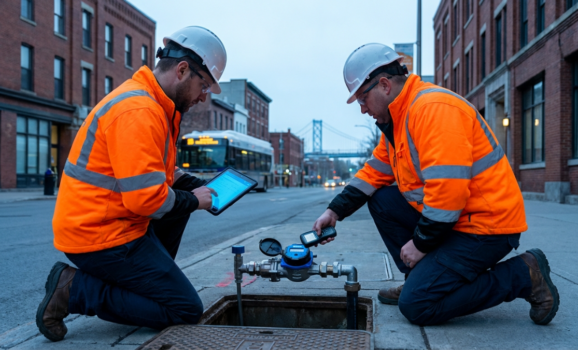 Corporate documentary-style image of water infrastructure technicians in high-visibility vests and h