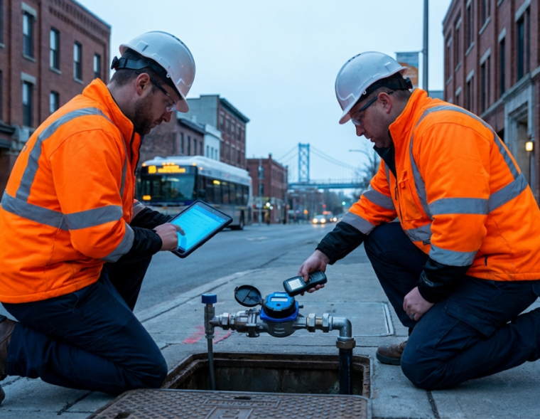 Corporate documentary-style image of water infrastructure technicians in high-visibility vests and h