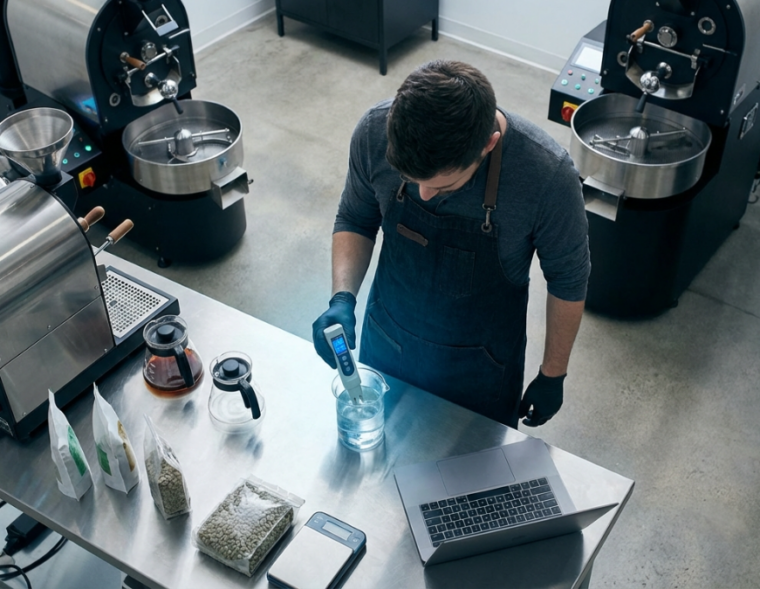 Corporate-style overhead shot of a modern coffee roastery workspace, barista analyzing water quality