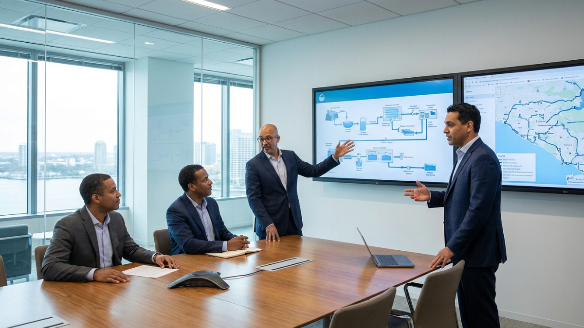 Professional editorial photograph of a water company executive team reviewing infrastructure investm