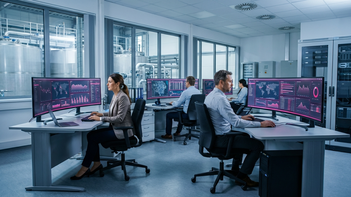 Wide-angle corporate documentary-style photograph of water treatment facility control room with mult