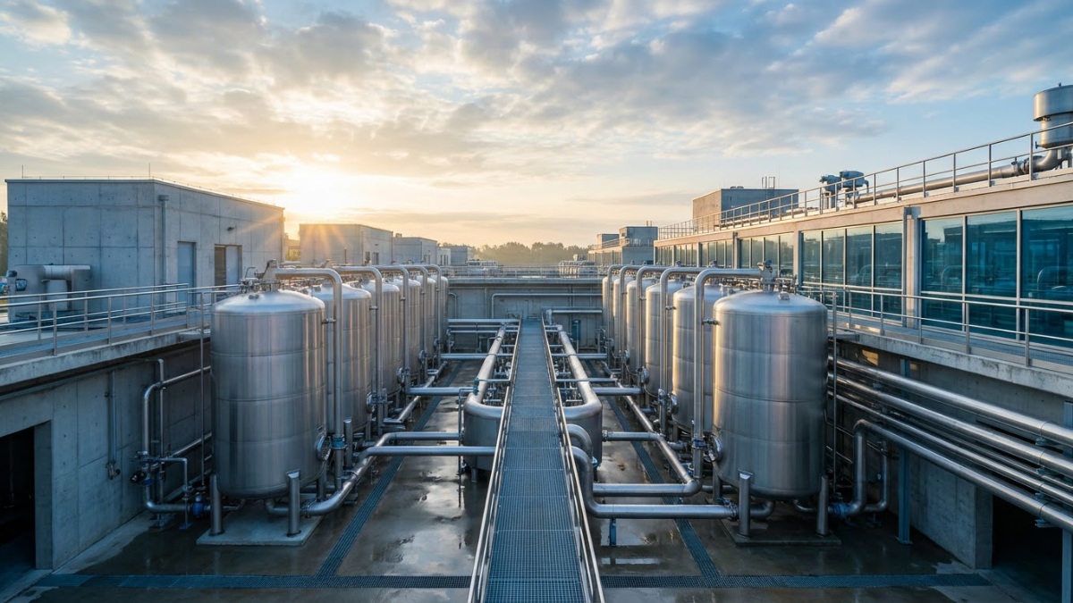 Wide-angle landscape editorial photograph of large commercial water treatment facility at dawn, cris