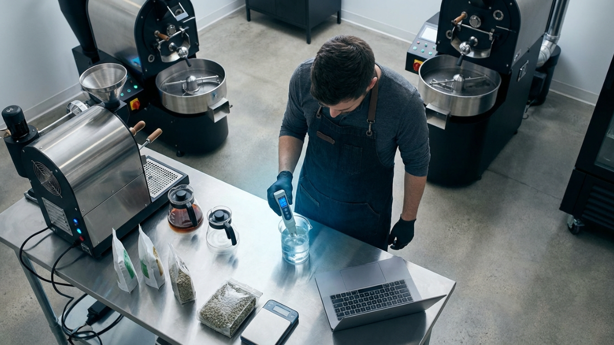 Barista checking water quality at a modern coffee roastery workspace