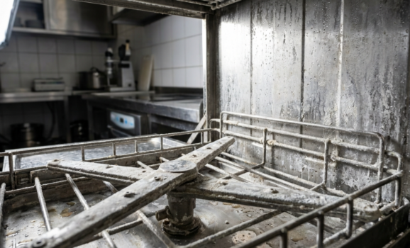 Create a photorealistic image of Commercial dishwasher showing scale buildup inside in Professional