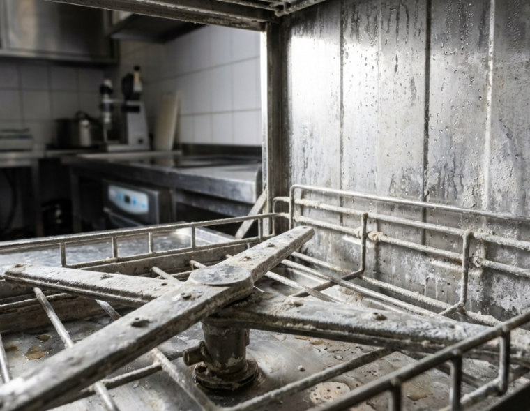 Create a photorealistic image of Commercial dishwasher showing scale buildup inside in Professional