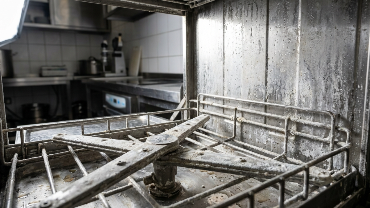 Create a photorealistic image of Commercial dishwasher showing scale buildup inside in Professional