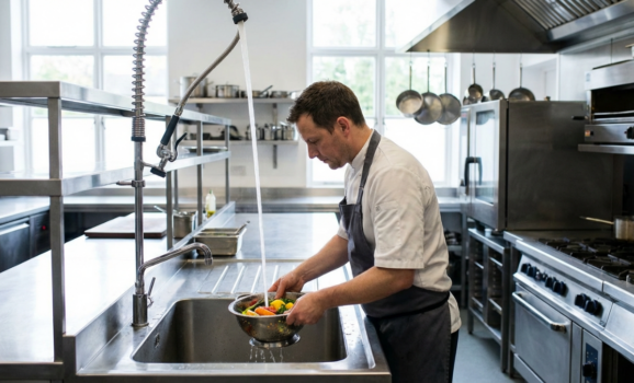 Create a photorealistic image of Modern commercial kitchen with professional chef Preparing fresh in