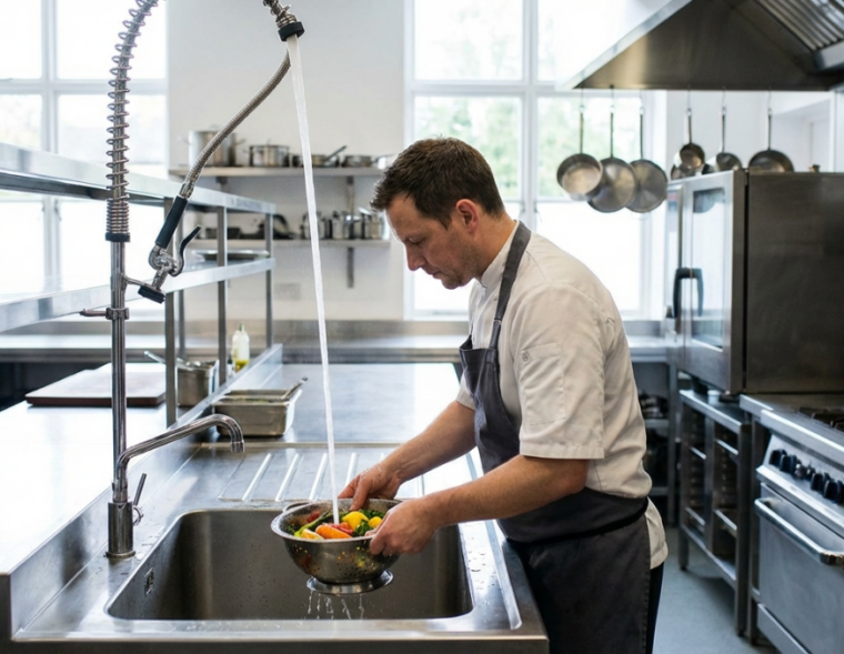 Create a photorealistic image of Modern commercial kitchen with professional chef Preparing fresh in