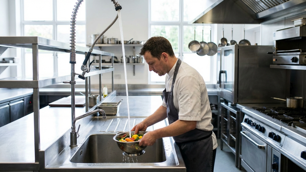 Create a photorealistic image of Modern commercial kitchen with professional chef Preparing fresh in