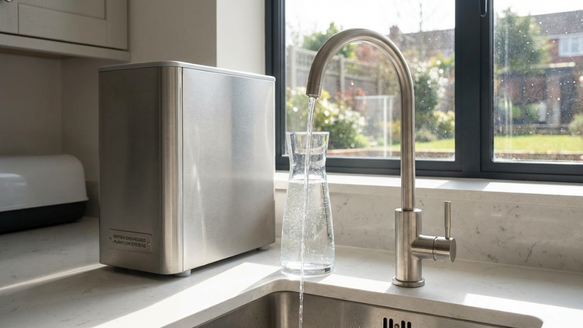 Water filtration system dispensing clean filtered water in a modern kitchen