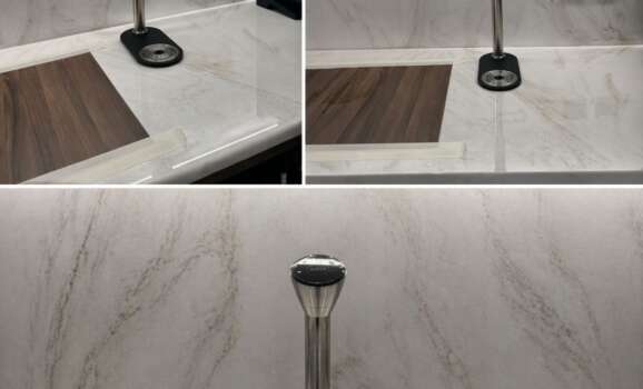 BRITA Extra C-Tap brushed stainless steel water dispenser tap on office kitchen worktop