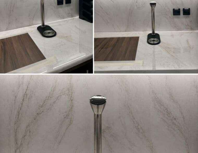 BRITA Extra C-Tap brushed stainless steel water dispenser tap on office kitchen worktop