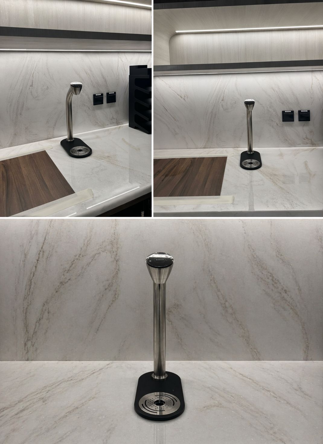 BRITA Extra C-Tap brushed stainless steel water dispenser tap on office kitchen worktop