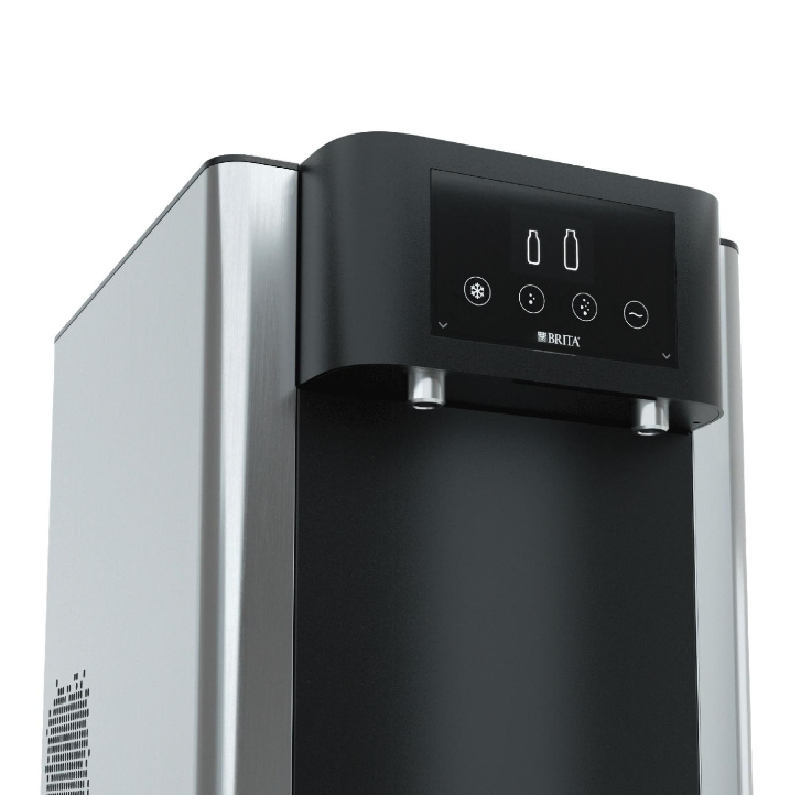 BRITA Fill Pro freestanding water dispenser with base cabinet in a large office breakout area