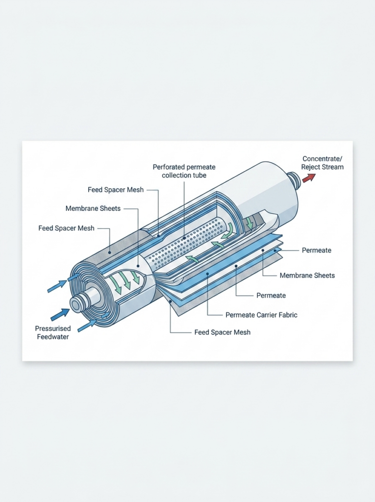 Cutaway schematic of a spiral-wound reverse osmosis membrane showing permeate tube, membrane layers and flow paths